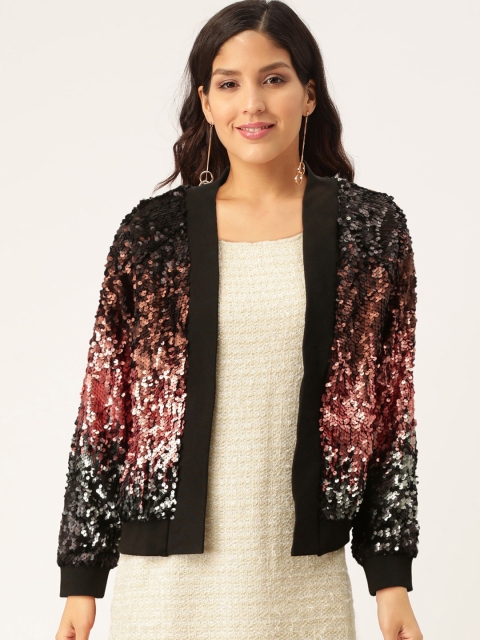 

Madame Women Black & Dust Pink Sequinned Open Front Shrug