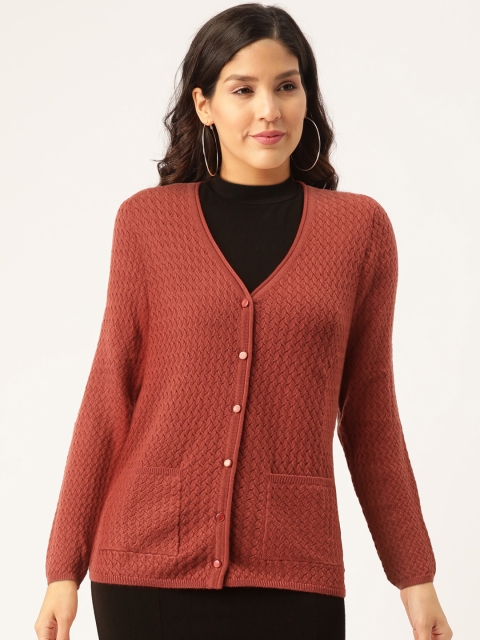 

Madame Women Rust Red Self Design Cardigan