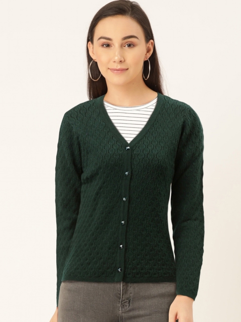 

Madame Women Green Self Design Cardigan Sweater