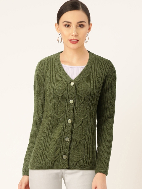

Madame Women Olive Green Self Design Cardigan