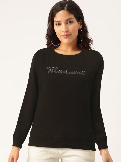

Madame Women Black Brand Logo Printed Sweatshirt with Studded Detail