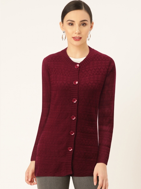 

Madame Women Burgundy Self Design Cardigan