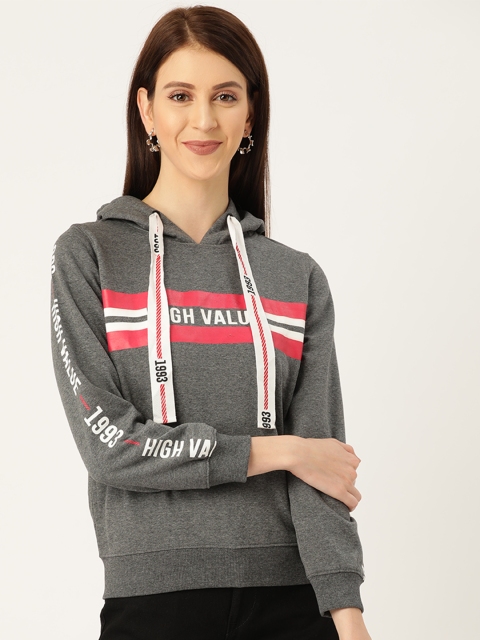 

Madame Women Grey Melange Printed Hooded Sweatshirt