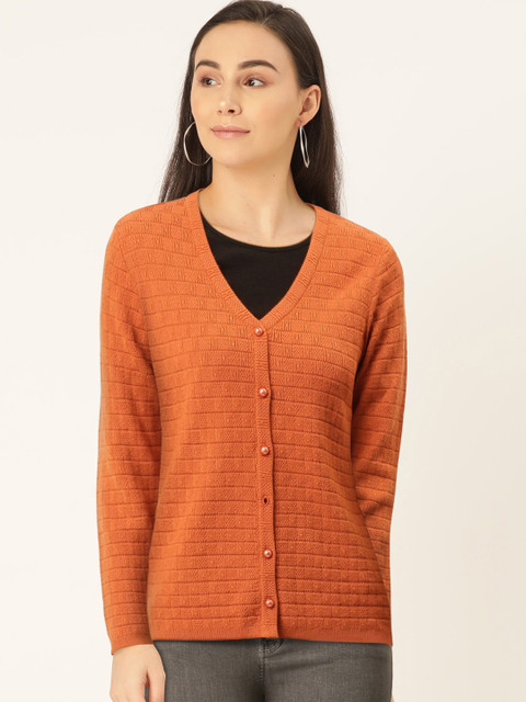 

Madame Women Rust Orange Self Design Cardigan