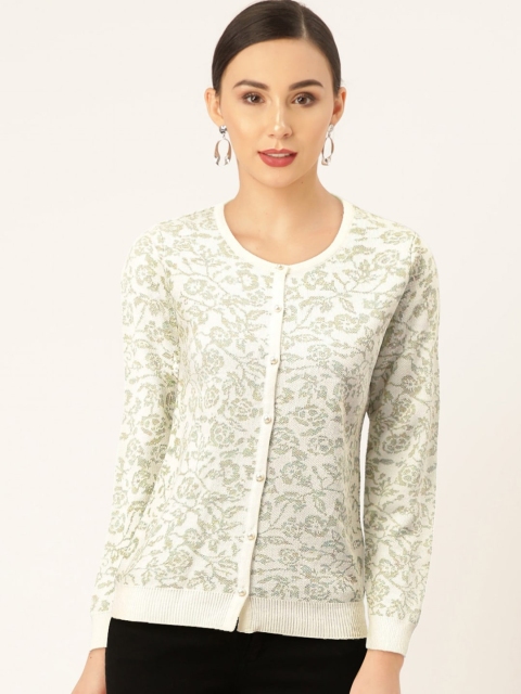 

Madame Women Off-White & Green Self Design Cardigan