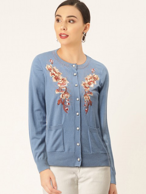 

Madame Women Blue Embroidered Cardigan