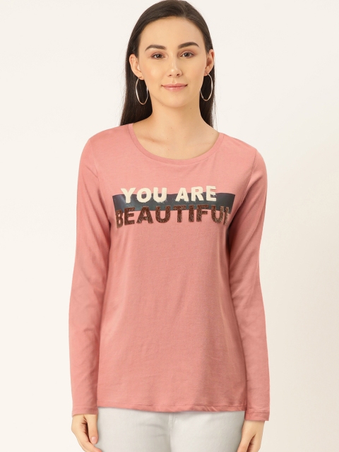 

Madame Women Pink Self Design Round Neck T-shirt