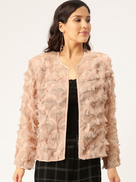 

Madame Women Peach-Coloured Fringed Detail Open Front Shrug