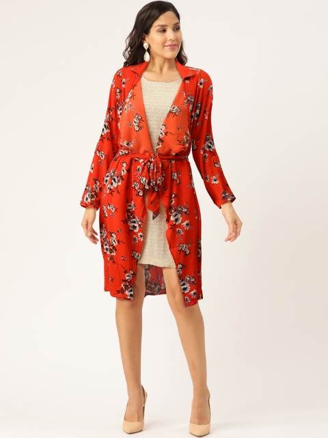 

Madame Women Coral Red & Blue Floral Printed Longline Tie-Up Shrug