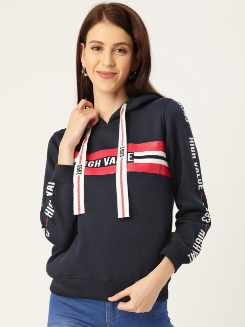 

Madame Women Navy Blue & Red Printed Hooded Sweatshirt