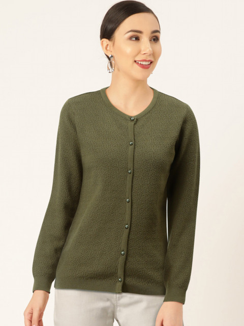 

Madame Women Olive Green Self Design Cardigan
