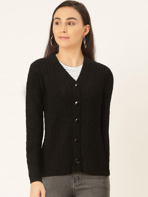 

Madame Women Black Self-Design Cardigan Sweater