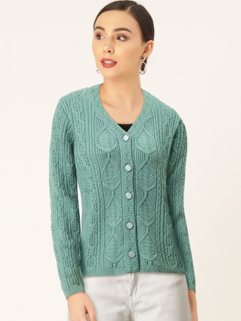 

Madame Women Sea Green Self Design Cardigan Sweater