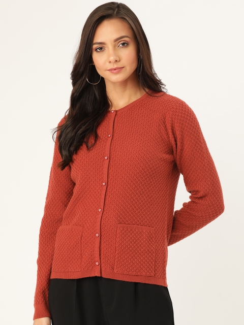 

Madame Women Rust Red Self Design Cardigan