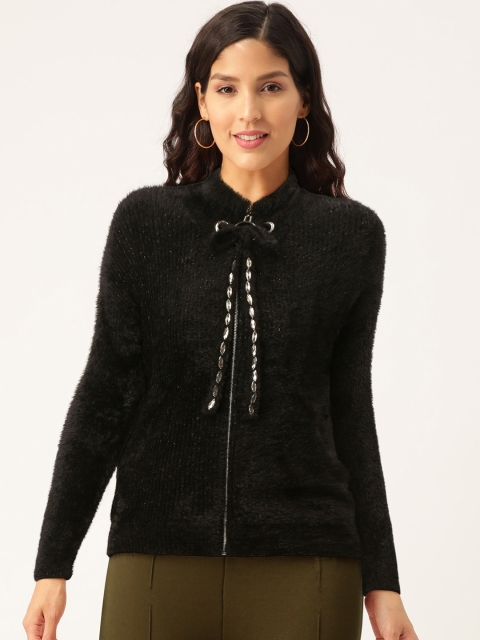 

Madame Women Black Solid Shimmer Fuzzy Cardigan
