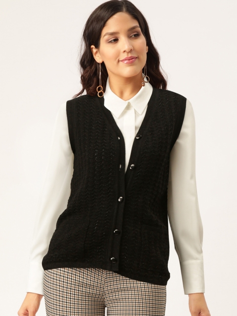 

Madame Women Black Self Design Cardigan