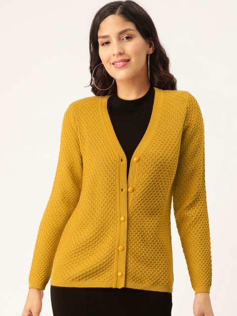 

Madame Women Mustard Yellow & Golden Self Design Cardigan