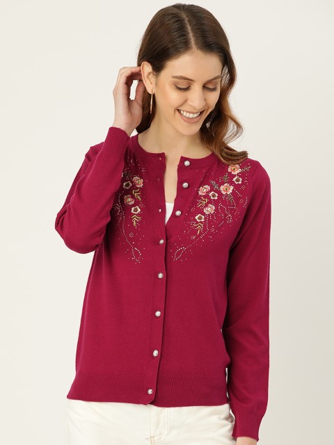 

Madame Women Maroon Embroidered Cardigan
