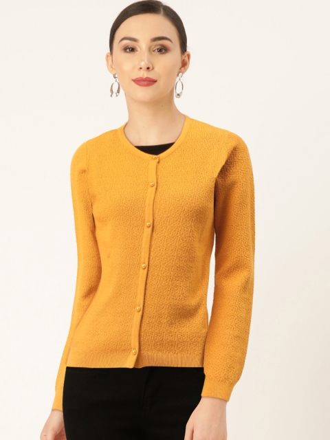 

Madame Women Mustard Yellow Self Design Cardigan