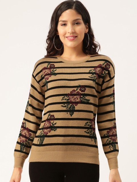

Madame Women Beige & Black Striped Acrylic Pullover with Floral Print Detail