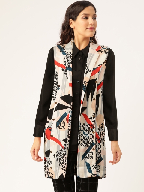 

Madame Women Off-White & Black Geometric Printed Longline Button Shrug