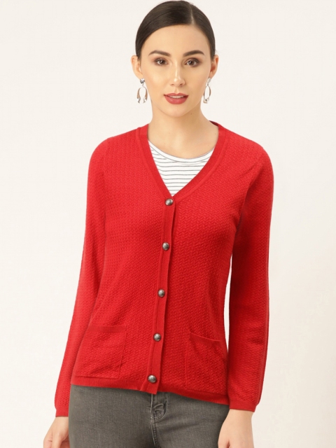 

Madame Women Red Self Design Cardigan Sweater