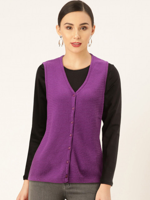 

Madame Women Purple Self Design Cardigan Sweater