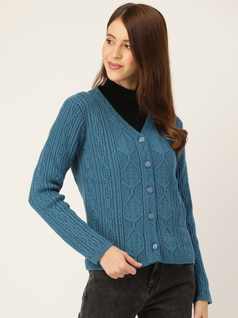 

Madame Women Blue Self Design Cardigan Sweater