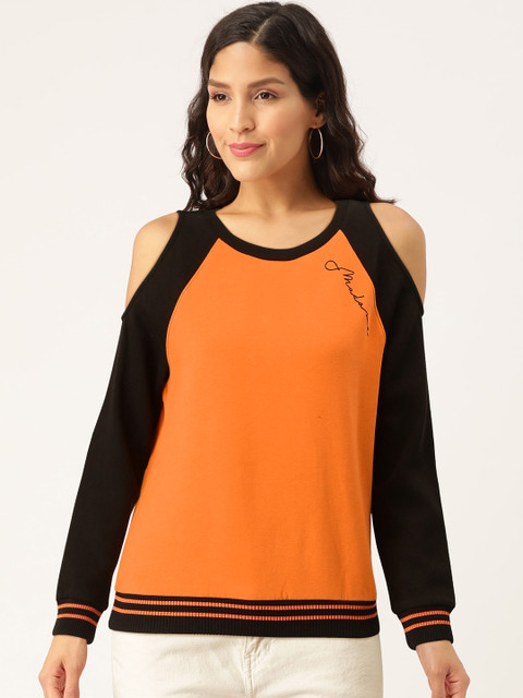 

Madame Women Orange & Black Solid Cold-Shoulder Sweatshirt