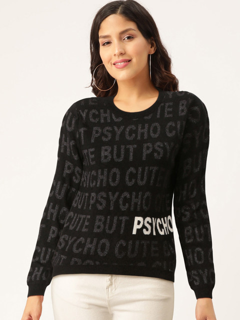 

Madame Women Black & Silver Typography Print Acrylic Pullover