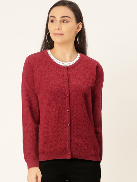 

Madame Women Maroon Self Design Cardigan