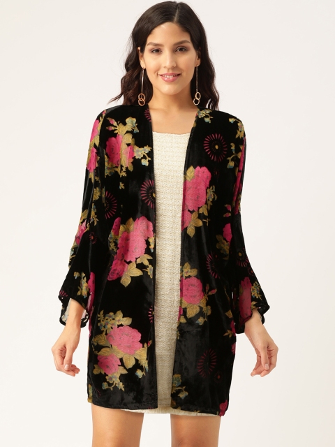 

Madame Women Black & Pink Velvet Finish Floral Printed Open Front Shrug