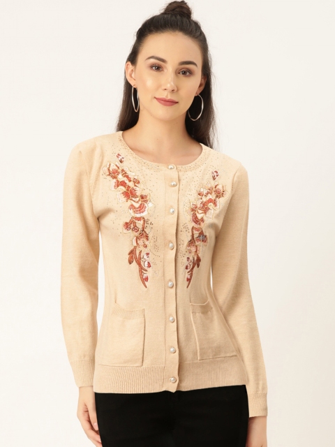 

Madame Women Beige & Rust Red Embroidered Cardigan Sweater