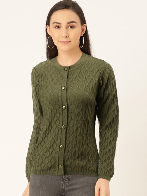 

Madame Women Olive Green Self Design Cardigan