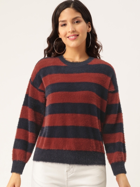 

Madame Women Rust Red & Navy Blue Fuzzy Striped Pullover Sweater