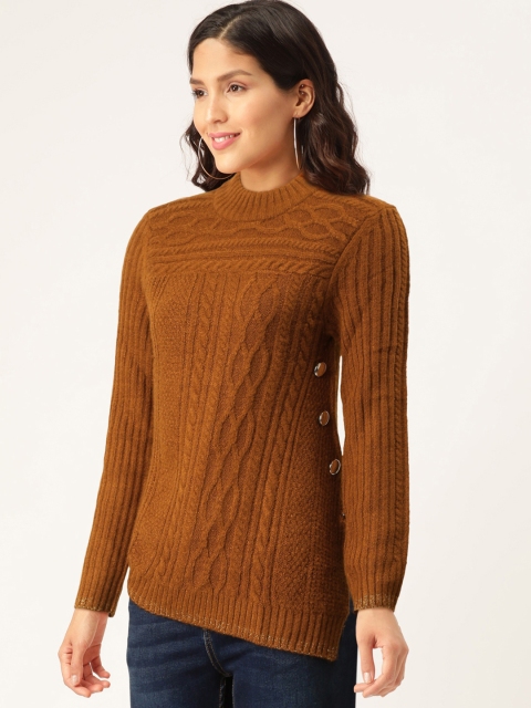 

Madame Women Mustard Brown Cable Knit Detail Asymmetric Pullover