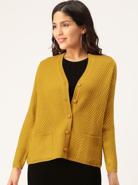 

Madame Women Mustard Yellow Shimmer Self Design Cardigan