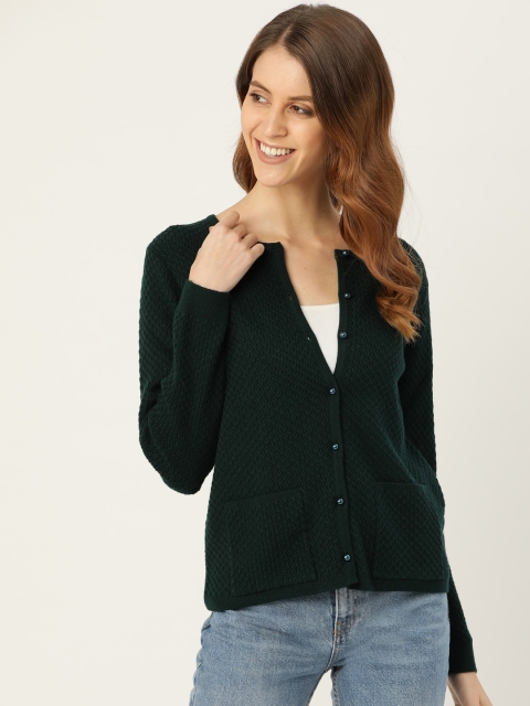

Madame Women Teal Green Self Design Cardigan