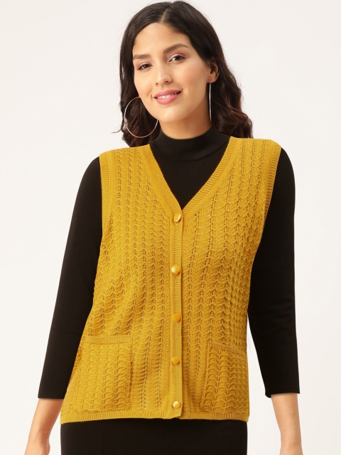 

Madame Women Mustard Yellow Self Design Cardigan