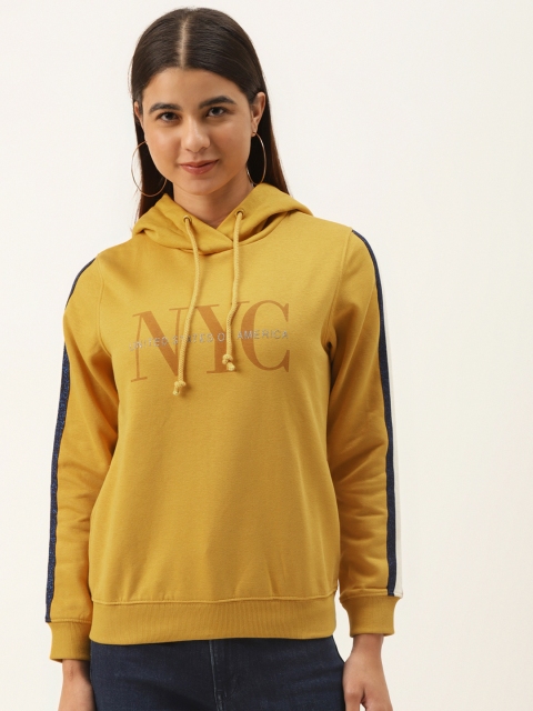 

Madame Women Mustard Yellow Printed Hooded Sweatshirt