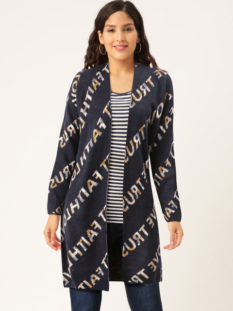 

Madame Women Navy Blue & Olive Brown Printed Front-Open Sweater