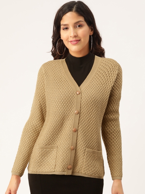 

Madame Women Beige Self Design Cardigan