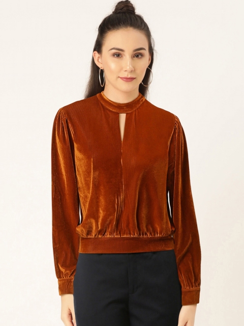 

Madame Women Rust Orange Ribbed Velvet Blouson Top