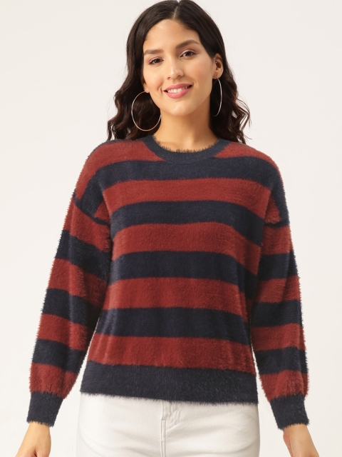 

Madame Women Rust Red & Navy Blue Striped Fuzzy Pullover