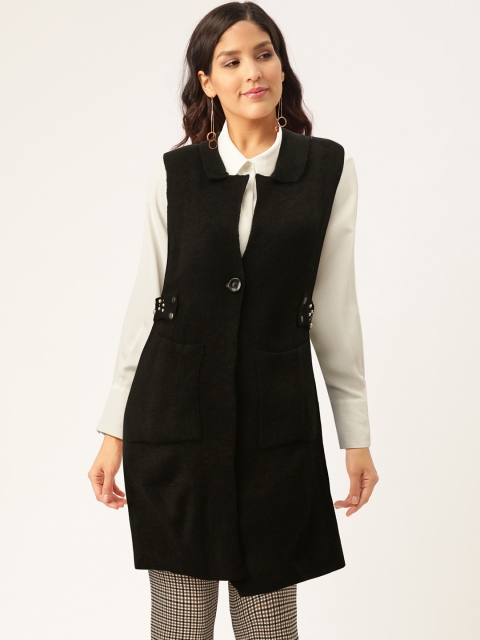

Madame Women Black Solid Longline Cardigan with Embellished Detail