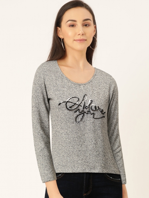 

Madame Women Grey Melange Embroidered Detail Scoop Neck T-shirt