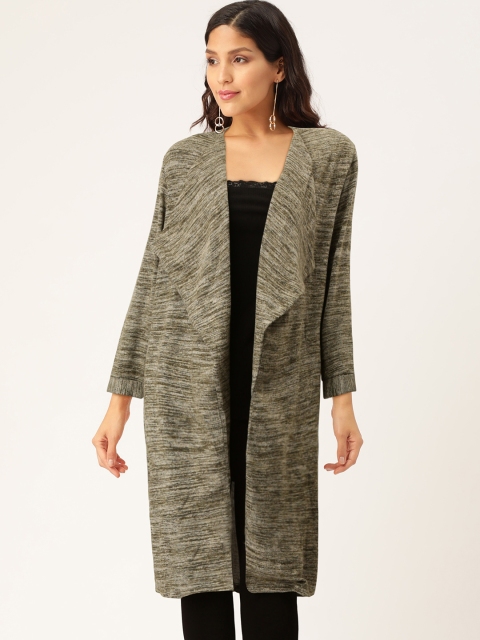 

Madame Women Olive Green & Grey Melange Self-Striped Longline Waterfall Shrug