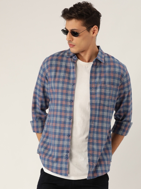 

United Colors of Benetton Men Blue & Peach-Coloured Slim Fit Checked Casual Shirt