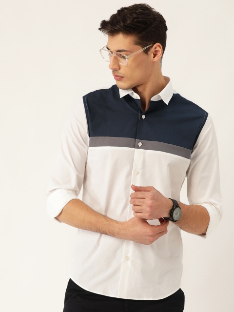 

United Colors of Benetton Men Off-White & Navy Blue Slim Fit Colourblocked Casual Shirt