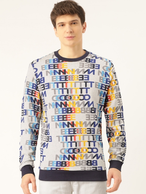 

United Colors of Benetton Men Grey Melange & Blue Brand Logo Print Sweatshirt